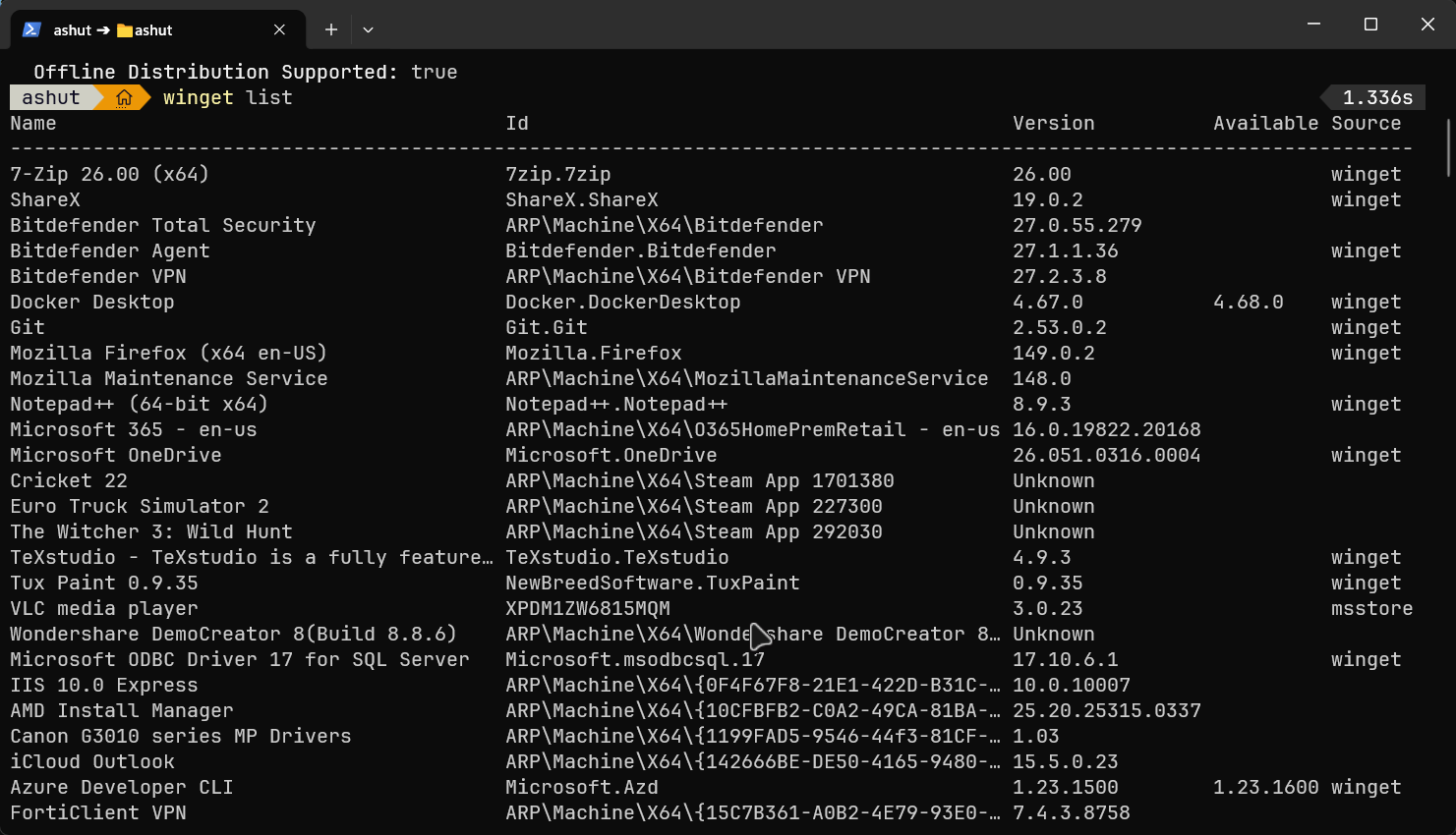 List all packages with winget list
