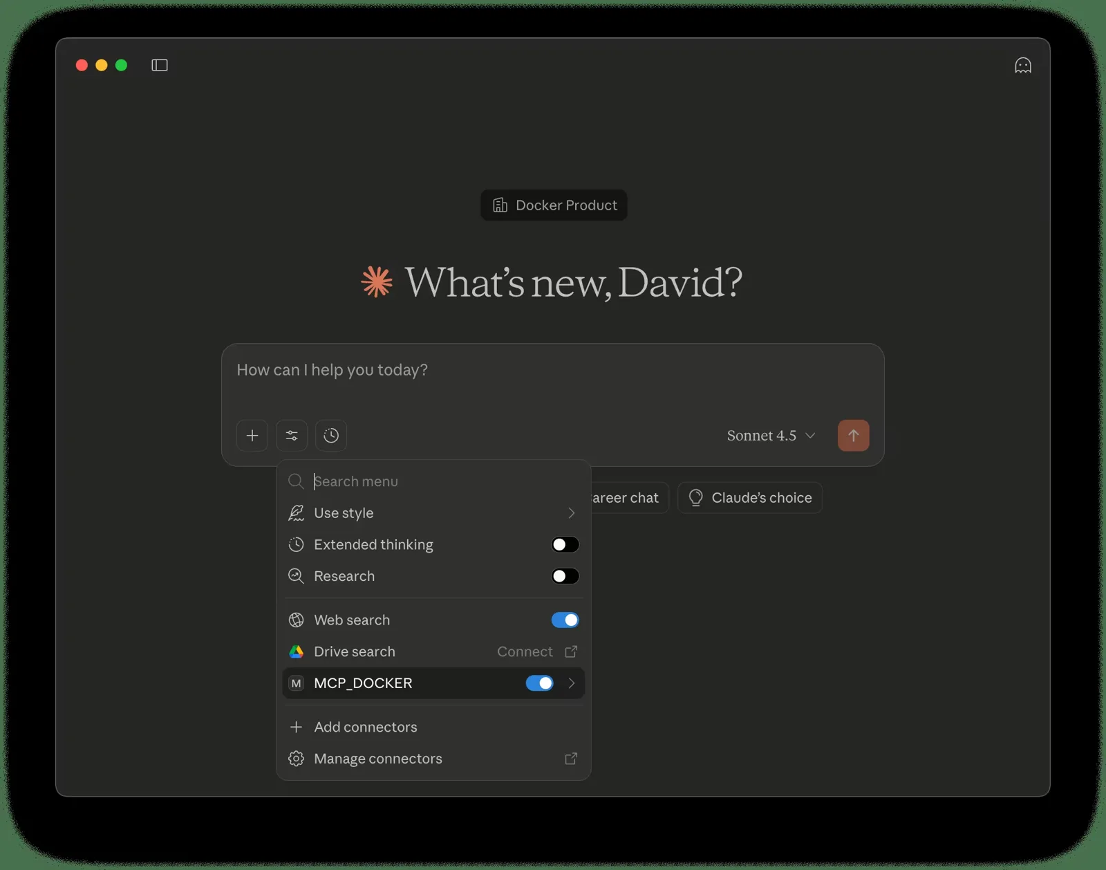 Claude Desktop tools menu with the MCP_DOCKER connector toggled on