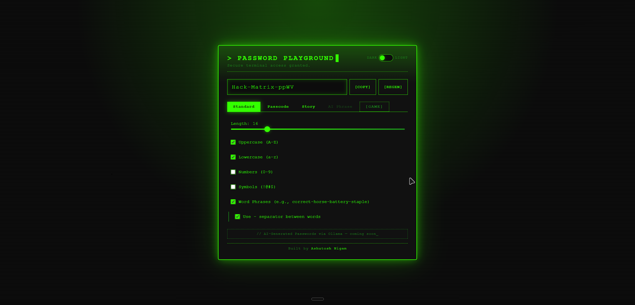 Dark mode — terminal aesthetic with neon green on black