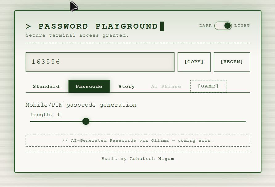 Passcode tab — Mobile/PIN numeric passcode generation with length slider