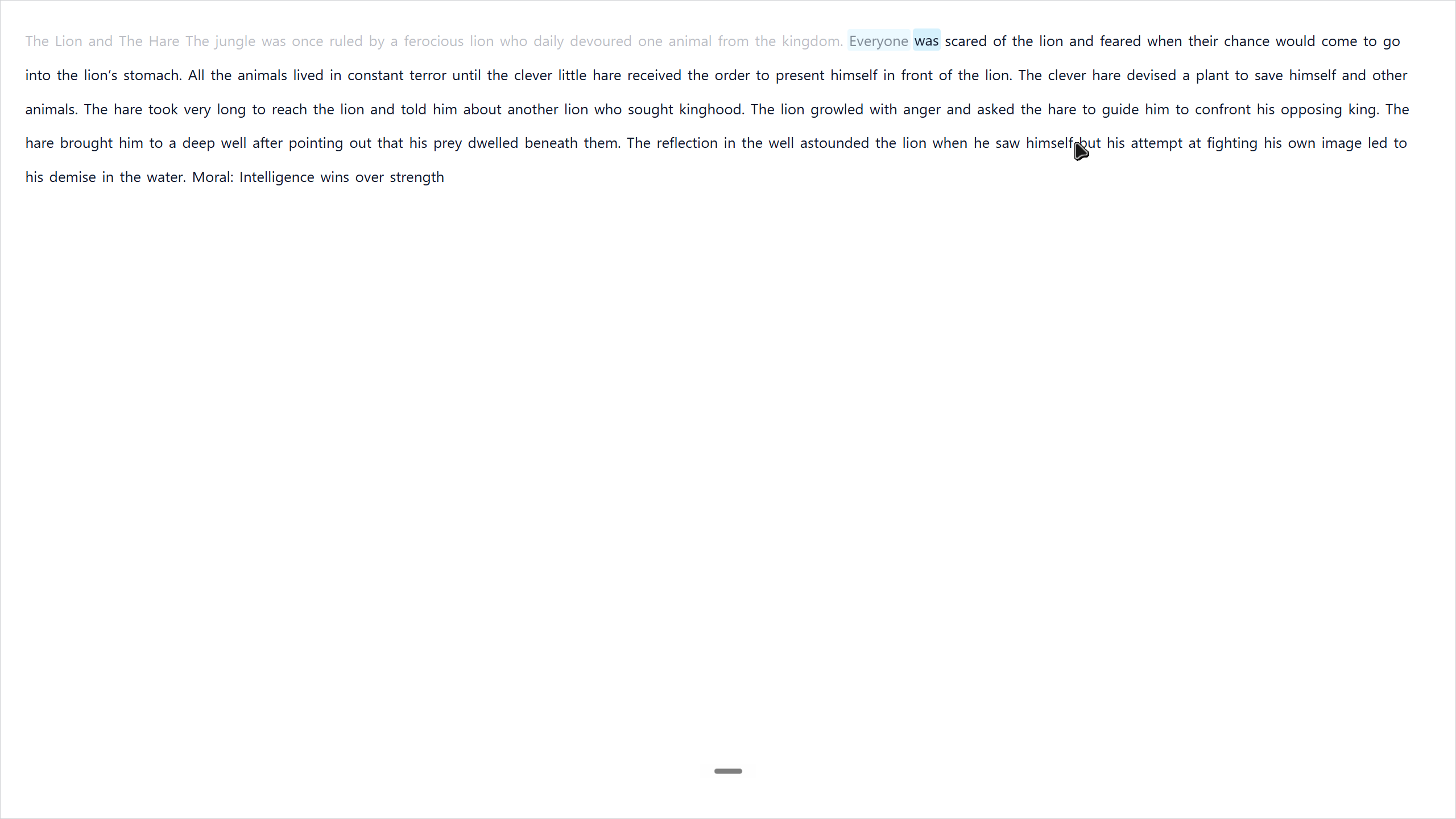 Fullscreen focus mode — text streams across the full viewport; current word highlighted mid-sentence