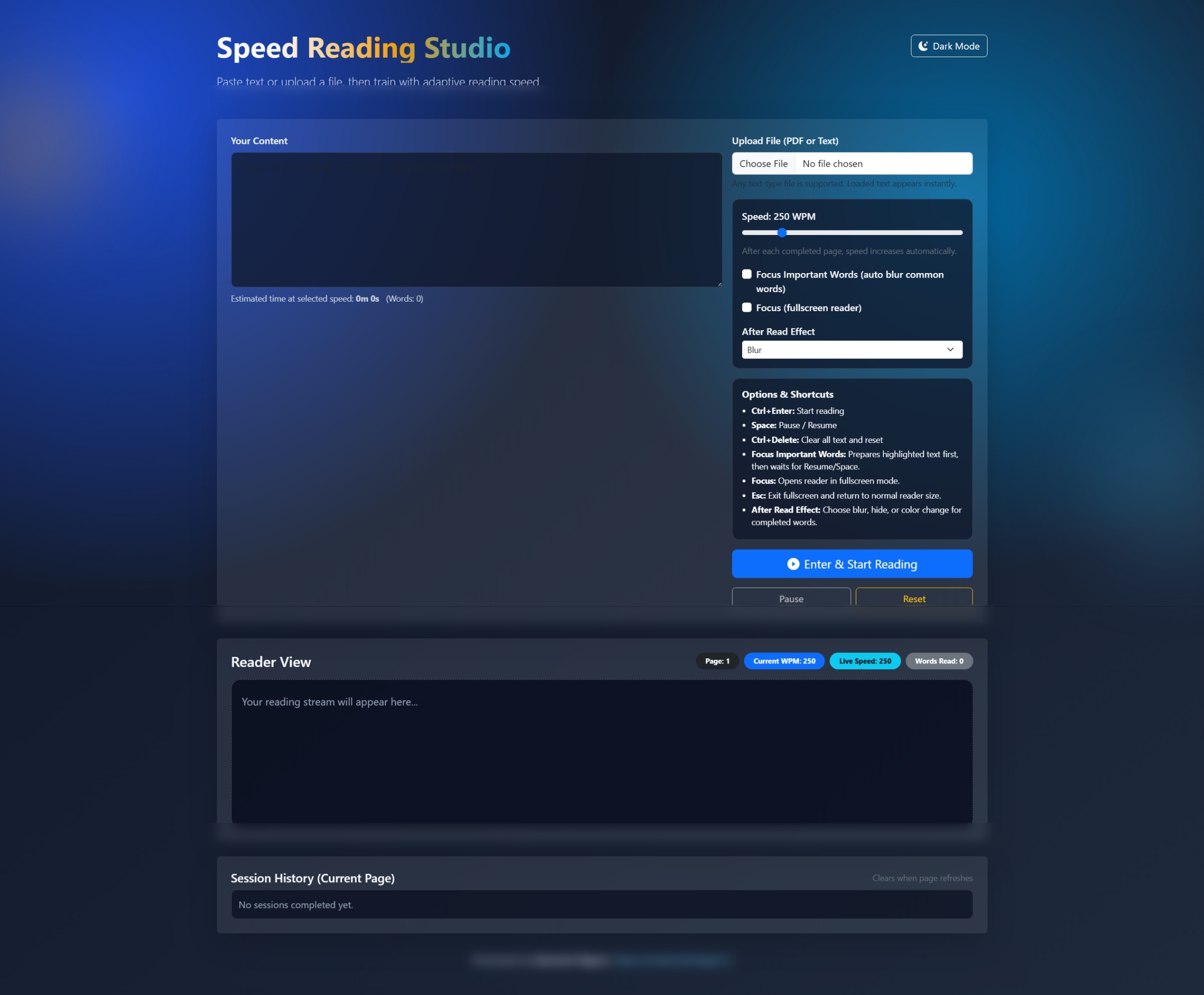 Dark mode — full layout with content input, speed controls, focus options, and reader view